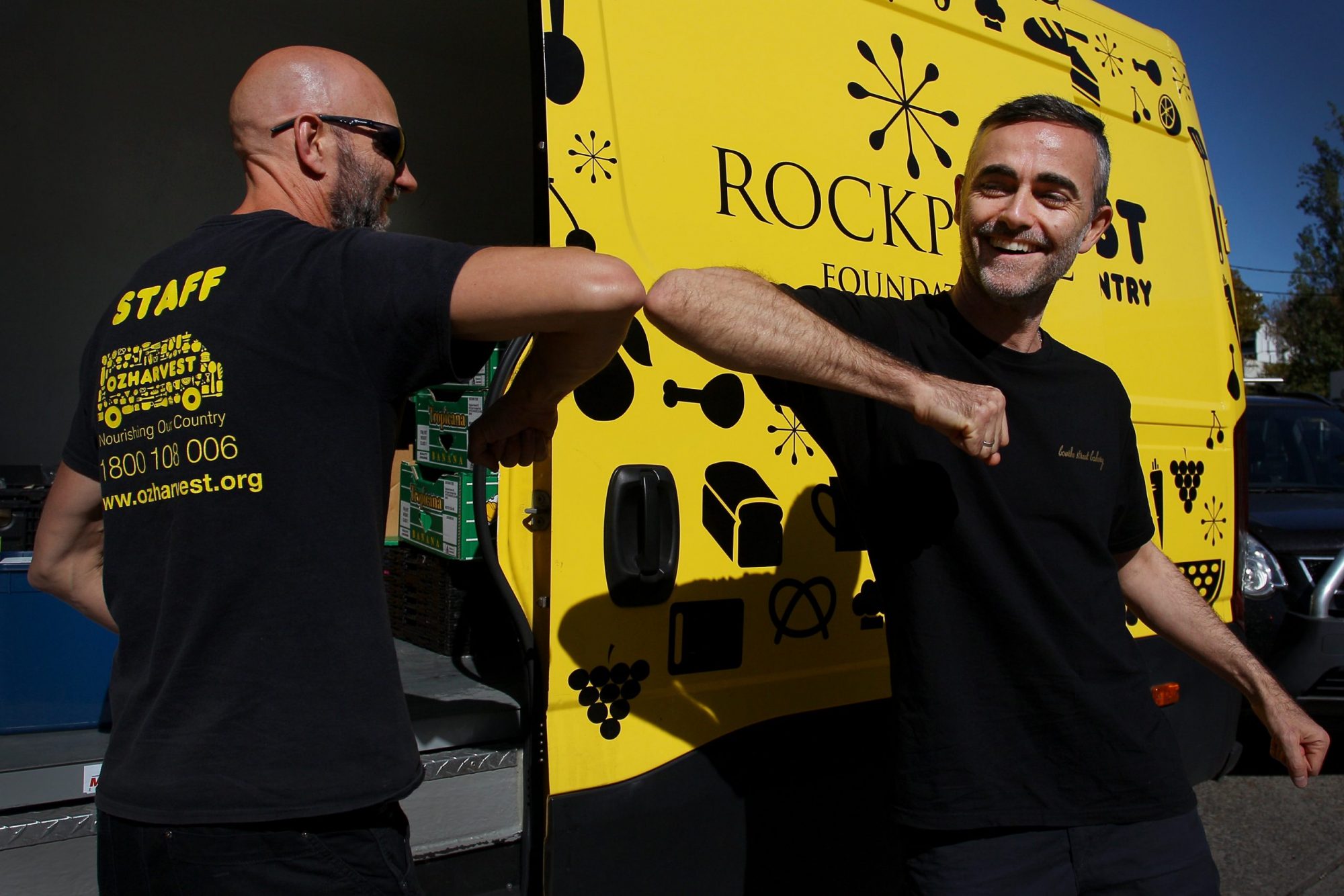 OzHarvest driver Mark and Bourke street bakery elbow bump during COVID19